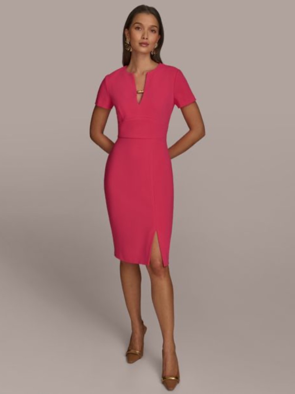 NWT Donna Karan New York Short Sleeve Split V-neck Sheath Dress in Audacious